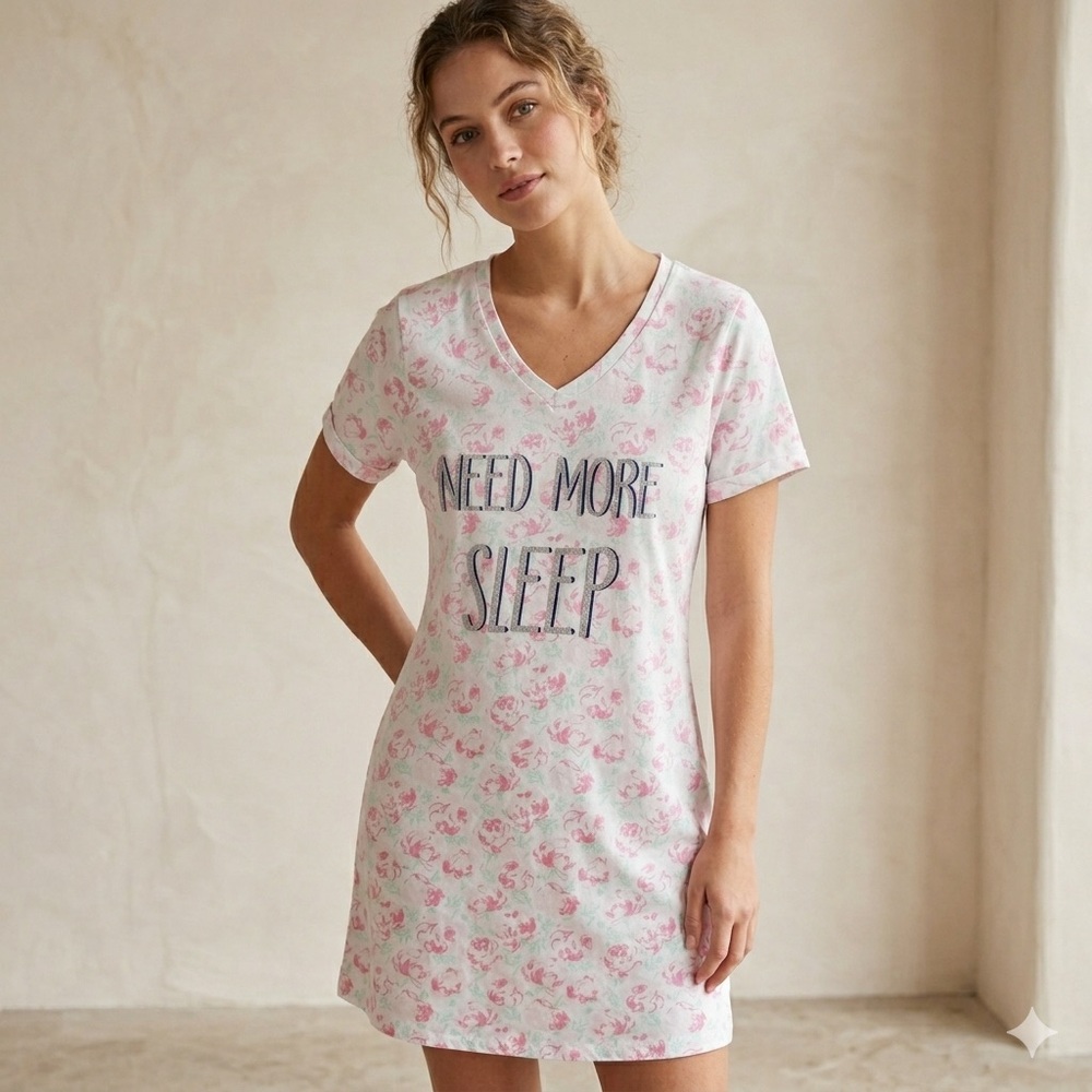 Carisma Need More Sleep Floral Pink White Short Sleeve Nightgown Sleep Shirt Lg